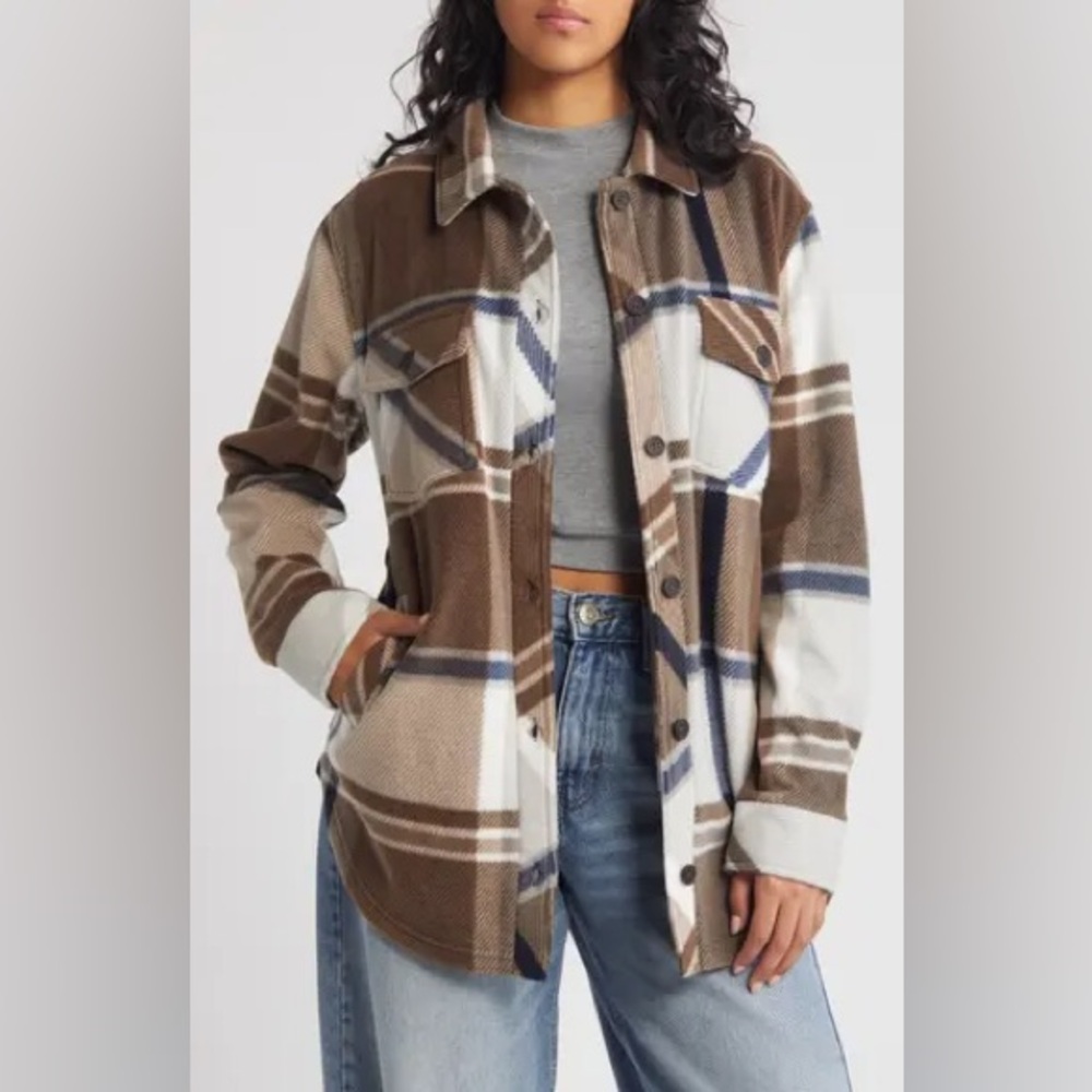 Thread & Supply Plaid Polar Fleece Shacket Jacket - Charcoal Brown- oversized XS